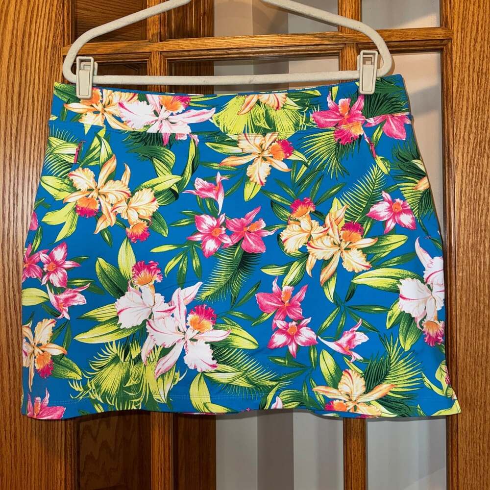 EUC TOMMY BAHAMA SZ L AUBREY ISLAND ZONE SKORT SKIRT BLUE GREEN PINK FLORAL